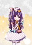  :&lt; alternate_costume bow crescent crescent_hair_ornament hair_bow hair_ornament hat hat_bow long_hair mayuge_inu patchouli_knowledge purple_eyes purple_hair solo thighhighs touhou 