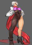  abs asymmetrical_clothes asymmetrical_legwear blue_eyes bodysuit breasts covered_nipples crossed_arms full_body gloves hattori_hanzo_uruka high_heels large_breasts ninja scarf short_hair silver_hair skin_tight solo standing tabi taut_clothes unizama wide_sleeves yatagarasu_(game) 