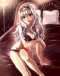  absurdres bed blush bra breasts cleavage hairband highres hisa_tsuki idolmaster idolmaster_(classic) large_breasts lingerie long_hair looking_at_viewer open_mouth panties red_eyes shijou_takane silver_hair solo underwear underwear_only 
