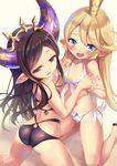  arulumaya ass bikini black_hair blonde_hair blue_eyes blush charlotta_fenia fukai_ryousuke granblue_fantasy harvin kneeling long_hair multiple_girls open_mouth pointy_ears red_eyes swimsuit 