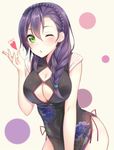  ;o alternate_hairstyle blush braid breasts chinese_clothes cleavage cleavage_cutout green_eyes hair_over_shoulder heart hiiragi_hajime large_breasts long_hair looking_at_viewer love_live! love_live!_school_idol_project one_eye_closed purple_hair revision single_braid solo toujou_nozomi 