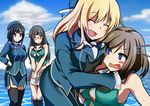  afloat atago_(kantai_collection) bangs bare_arms bare_shoulders black_gloves black_hair blonde_hair blunt_bangs breast_grab breast_press breasts brown_hair choukai_(kantai_collection) closed_eyes day gloves grabbing hand_on_hip hug kantai_collection large_breasts light_smile long_hair looking_at_another maya_(kantai_collection) military military_uniform miniskirt multiple_girls ocean open_mouth outdoors pantyhose red_eyes remodel_(kantai_collection) short_hair sideboob skirt takao_(kantai_collection) thighhighs uniform v_arms wavy_mouth yoiyoi_(kannkann100) 