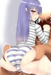  ass ass_grab blush breath cameltoe deep_skin from_behind grabbing_another's_ass groping huge_ass lavender_hair long_hair looking_at_viewer looking_back open_mouth original panties red_eyes shiny shiny_skin souma_(ordures) striped striped_panties thick_thighs thighs trefoil underwear 