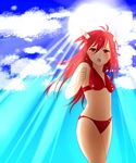  beach bikini blush breasts embarrassed fire_emblem fire_emblem:_kakusei frilled_bikini frills hair_ornament long_hair looking_at_viewer nintendo off_shoulder parted_lips red_bikini red_eyes red_hair swimsuit tiamo very_long_hair 