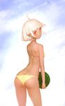  ahoge aircraft airplane ass bikini breasts butt_crack condensation_trail dark_skin food from_behind fruit highres looking_back original orry red_eyes shiny shiny_skin short_hair small_breasts solo swimsuit tan watermelon white_hair 