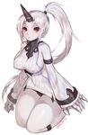  alternate_hairstyle bare_shoulders breasts claws covered_nipples detached_sleeves dress highres horn kantai_collection large_breasts long_hair looking_at_viewer mukka pale_skin ponytail red_eyes ribbed_dress seaport_hime shinkaisei-kan short_dress simple_background solo very_long_hair white_background white_hair 