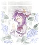  bespectacled book capelet chair commentary crescent flower from_outside glasses hair_ribbon hat highres hydrangea long_hair long_sleeves looking_at_viewer looking_out_window mob_cap patchouli_knowledge purple_eyes purple_hair rain red-framed_eyewear ribbon shihou_(g-o-s) sitting solo touhou tress_ribbon upper_body 