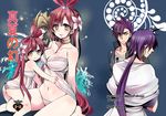  1boy 1girl ass blush breasts cleavage earring earrings flat_chest flower gradient gradient_background jewelry large_breasts long_hair looking_at_viewer magi_the_labyrinth_of_magic mamemix mask navel purple_hair red_hair ren_kougyoku sinbad_(magi) sitting smile younger 
