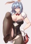  animal_ears black_legwear blue_eyes blue_hair blush bow bowtie breasts bunny_ears bunny_girl bunnysuit cleavage detached_collar fake_animal_ears feet gloves granblue_fantasy hand_on_hip high_heels highres holding large_breasts leg_up looking_at_viewer naturalton pantyhose short_hair soles solo therese_(granblue_fantasy) toes torn_clothes torn_legwear white_gloves 