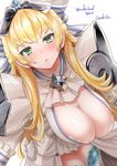  blonde_hair breasts cendrillion_(wonderland_wars) cleavage earrings green_eyes hanging_breasts jewelry large_breasts long_hair looking_at_viewer miyamoto_issa parted_lips simple_background solo white_background wonderland_wars 