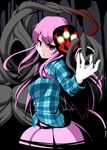  akaneman checkered checkered_shirt commentary_request cthulhu_mythos demonbane hata_no_kokoro long_hair mask nya_(demonbane) nyarlathotep pink_eyes pink_hair shirt touhou 