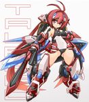  :&lt; absurdly_long_hair antenna_hair armor armpits bangs bare_shoulders black_gloves blush bracelet character_name clenched_hand closed_mouth covered_navel faulds flat_chest frown full_body genderswap genderswap_(mtf) gloves gradient_hair greaves hair_between_eyes headgear highres holding holding_weapon jewelry karukan_(monjya) legs_apart leotard long_hair looking_at_viewer mecha_musume multicolored_hair orange_hair ore_twintail_ni_narimasu outline red_eyes red_hair serious simple_background standing sword tailred turtleneck twintails v-shaped_eyebrows vambraces very_long_hair weapon white_background 
