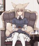  animal_ears armchair cake chair coffee_table cup cushion dress fluffy food fox_ears fox_tail frilled_shirt_collar frills highres holding holding_plate juliet_sleeves light_brown_hair lolita_fashion long_sleeves looking_at_viewer original pantyhose plate puffy_sleeves purple_eyes resized ribbon saucer sitting slice_of_cake solo tail teacup teapot touma_kisa upscaled white_legwear 