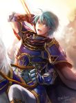  1boy black_cape blue_eyes blue_hair breastplate cape ephraim fire_emblem fire_emblem:_seima_no_kouseki gauntlets hair_between_eyes highres holding_polearm horse mintes nintendo open_mouth pants riding shiny shiny_hair shoulder_armor solo spaulders white_pants 