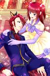  1girl animal_ears beauty_and_the_beast blue_eyes bow brother_and_sister dress fang formal gloves hair_bobbles hair_ornament horns open_mouth red_hair siblings smile sparkle suit tears twintails two_side_up umineko_no_naku_koro_ni ushiromiya_ange ushiromiya_battler white_gloves yuumare 