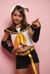  1girl child cosplay kagamine_rin kagamine_rin_(cosplay) laura_b non-asian photo pointing ribbon solo uniform vocaloid 