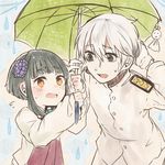  1girl admiral_(kantai_collection) black_eyes brown_eyes flower gloves green_hair hair_flower hair_ornament height_difference holding holding_umbrella hydrangea itomugi-kun kantai_collection leaning_forward rain shared_umbrella smile takanami_(kantai_collection) teruterubouzu umbrella uniform wet wet_clothes white_hair 