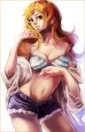  1girl artist_request blonde_hair breasts cleavage long_hair looking_at_viewer nami nami_(one_piece) navel one_piece parted_lips red_eyes shounen_jump simple_background solo 