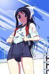  bad_id bad_pixiv_id black_hair blush cozy day empty_pool grey_eyes hands one-piece_swimsuit original pool pool_ladder school_swimsuit school_uniform see-through serafuku sky solo swimsuit swimsuit_under_clothes wet wet_clothes 