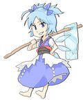  barefoot blue_eyes blue_hair cirno cosplay hoe lowres onozuka_komachi onozuka_komachi_(cosplay) poketto short_hair solo touhou two_side_up wings 