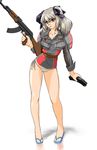  ak-47 assault_rifle blue_ribbon edy_nelson grey_hair gun kalashnikov long_hair military military_uniform panties ribbon rifle sandals senjou_no_valkyria senjou_no_valkyria_1 twintails tzwei underwear uniform weapon 