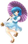  bad_id bad_pixiv_id blue_eyes blue_hair geta heterochromia karakasa_obake marugoshi_(54burger) purple_umbrella red_eyes sandals short_hair solo tatara_kogasa touhou umbrella 