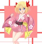  bianca's_daughter blonde_hair blue_eyes dragon_quest dragon_quest_v futami_masaki hair_ribbon japanese_clothes kimono ribbon short_hair short_kimono solo 