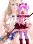  amy_sorel boots breasts cleavage drill_hair fishnets flower fur_trim highres large_breasts mirori multiple_girls pink_hair rose sophitia_alexandra soulcalibur thighhighs 