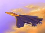  airplane cloud dusk fighter_jet flying guld_goa_bowman jet macross macross_plus mecha military military_vehicle no_humans omega_one ruak sky u.n._spacy variable_fighter yf-21 