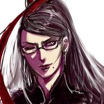  bayonetta bayonetta_(character) black_hair glasses grey_eyes hair_bun lowres mole oto86 red_ribbon ribbon wink 