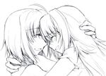  428 ahoge bare_shoulders canaan canaan_(character) closed_eyes greyscale hug kapiko long_hair monochrome multiple_girls oosawa_maria open_mouth short_hair sketch smile yuri 