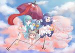  animal_ears basket blue_eyes blue_hair bracelet cloud dowsing_rod futaki_nia geta grey_hair heterochromia hood jewelry karakasa_obake kumoi_ichirin mouse mouse_ears mouse_tail multiple_girls nazrin pendant pointing purple_umbrella red_eyes sandals short_hair tail tatara_kogasa tongue touhou umbrella unzan 