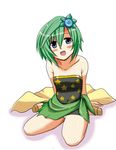  1girl bare_shoulders blue_eyes blush cape child dress female final_fantasy final_fantasy_iv full_body green_hair hair_ornament legs navel open_mouth panties pantyshot rydia short_hair sitting smile solo star stars strapless strapless_dress underwear white_background yasakani_an 