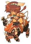  animal_ears armor armored_boots axe blade blade_(galaxist) boar boots braid brown_eyes brown_hair elbow_gloves facepaint fang fingerless_gloves full_body gloves hairband horns long_hair open_mouth original riding short_hair solo thighhighs weapon 