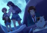  2girls asakura_ryouko blue_hair brown_eyes brown_hair cardigan cat inui_nagi jacket kita_high_school_uniform knife kyon looking_back moon multiple_girls nagato_yuki necktie purple_hair school_uniform serafuku shamisen_(suzumiya_haruhi) short_hair skirt suzumiya_haruhi_no_yuuutsu 