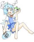  barefoot blue_eyes blue_hair camera cirno cosplay fan feet hat looking_at_viewer lowres oekaki open_mouth paper_fan poketto shameimaru_aya shameimaru_aya_(cosplay) short_hair solo tokin_hat touhou uchiwa wings 