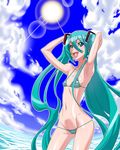  aqua_eyes aqua_hair armpits arms_behind_head arms_up bikini cameltoe cloud day hatsune_miku hirabaru_kenji long_hair ocean open_mouth outdoors skinny sky smile solo sun swimsuit twintails very_long_hair vocaloid 