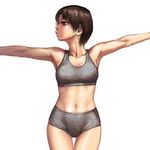  armpits bangs bare_arms bare_shoulders bearclaw boyshorts breasts brown_eyes brown_hair cowboy_shot eyelashes grey_shorts makeup medium_breasts midriff navel o3o original outstretched_arms profile short_hair shorts simple_background solo sports_bra spread_arms thigh_gap toned white_background 