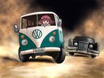  :d car car_chase catchphrase driving ground_vehicle kanbara_satomi left-hand_drive motor_vehicle open_mouth parody red_hair richard_crazyman saki short_hair smile solo the_car van volkswagen 