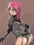  angry ass bent_over looking_back lyrical_nanoha mahou_shoujo_lyrical_nanoha_strikers nove_(nanoha) numbers_(nanoha) pink_hair shirogane_(fox) solo thighhighs yellow_eyes 