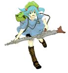  backpack bag bike_shorts blue_eyes blue_hair boots excited gun hair_bobbles hair_ornament happy hat highres kawashiro_nitori key legs machine_gun mg42 open_mouth running sleeves_rolled_up smile solo sugi touhou twintails two_side_up weapon 
