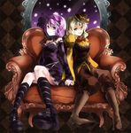  boots couch gothic_lolita green_eyes green_hair hat high_heels komeiji_koishi komeiji_satori lolita_fashion multiple_girls pants purple_eyes purple_hair ribbon shoes short_hair siblings sisters sitting touhou tsurukame 