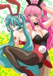  animal_ears aqua_eyes aqua_hair ass black_legwear blue_eyes breasts bunny_ears bunnysuit cleavage hatsune_miku headset high_heels large_breasts long_hair megurine_luka multiple_girls pantyhose pink_hair ranpu shoes twintails vocaloid 