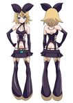  alternate_costume aqua_eyes back back_piercing belt black_legwear blonde_hair boots dimples_of_venus elbow_gloves flat_chest from_behind garter_straps gloves hair_ornament hair_ribbon hairclip hand_on_hip hirabaru_kenji kagamine_rin kneepits miniskirt navel_piercing panties piercing ribbon short_hair simple_background skirt smile standing thigh_boots thighhighs thong underwear vocaloid yellow_panties zettai_ryouiki 