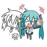 &gt;_&lt; chibi_miku child_drawing closed_eyes detached_sleeves dog drawing hamo_(dog) hatsune_miku minami_(colorful_palette) pencil simple_background twintails vocaloid wooden_pencil 