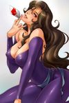  bad_id bad_pixiv_id bare_shoulders belt bodysuit breasts brown_hair card cat's_eye cleavage holding holding_card kisugi_rui large_breasts long_hair mole poso solo 