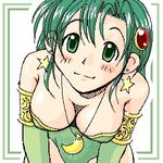  bare_shoulders blush breasts cleavage earrings elbow_gloves final_fantasy final_fantasy_iv gloves green_eyes green_hair hair_ornament jewelry leaning_forward leotard lowres necklace oekaki rydia smile 