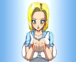  1girl android android_18 basara blonde_hair blue_eyes breasts curvy dragon_ball dragonball dragonball_z ear_ring earring earrings female highres huge_breasts jewelry large_breasts open_mouth plump short_hair solo 