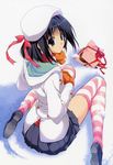  absurdres beret black_hair bow buttons chocolate copyright_request damaged_gift from_behind hat highres looking_back mittens pleated_skirt sad scan scarf shoes short_hair sitting skirt snow solo striped striped_legwear suzuhira_hiro tears thighhighs valentine wariza 