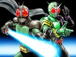  antennae belt energy_sword highres kamen_rider kamen_rider_black_rx kamen_rider_black_rx_(series) kamen_rider_double kamen_rider_w matchin multiple_boys revolcane scarf sword weapon 